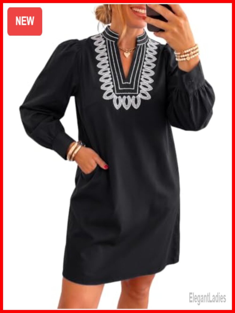 Womens V Neck Shift Dress Long Sleeve Embroidered Mini Dress Pockets